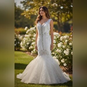 Elegant White Lace Gown with Beaded Details ( SAMPLE ) ** Small Defect**